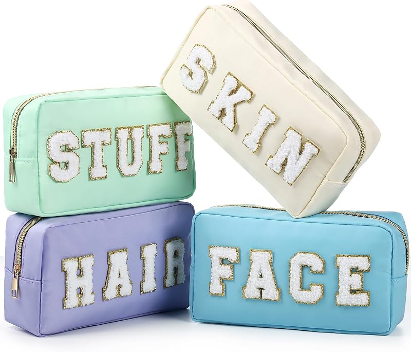 Cunno Necessaires de Nylon com Zíper e Letras em Chenille, Cores Pastel, 4 Unidades