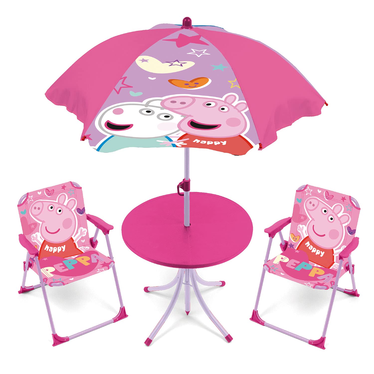 ARDITEX PP14447 Set de Mesa (50x50x48cm), 2 Sillas (38x32x53cm) y Sombrilla (diámetro 110cm) de Peppa Pig