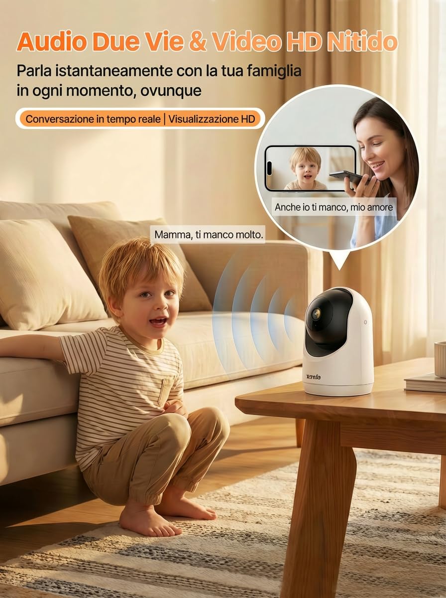 Tenda Telecamera Wi-Fi Interno 2K, WiFi 6 360° per Bambini/Animali, 3MP Visione Notturna, Rilevamento Umano AI, Audio Bidirezionale, No Abbonamento Obbligatorio, CP3