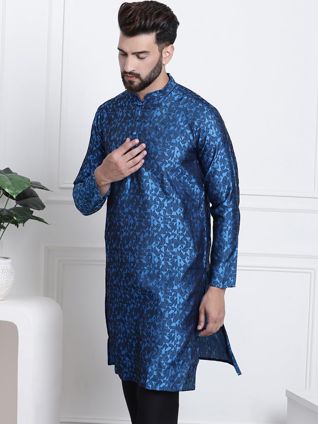 Sojanya (Since 1958 Men's Silk Blend Blue Geometrical Print Only Long Kurta