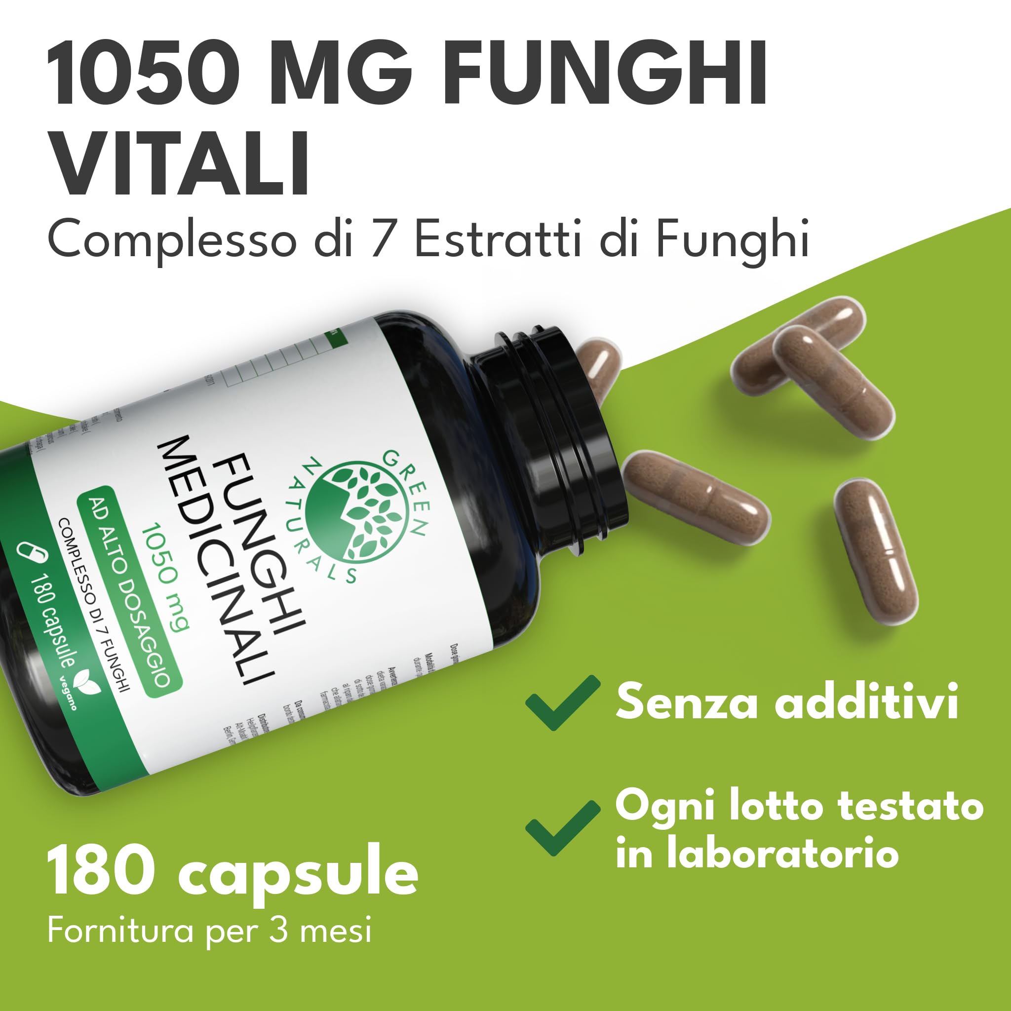 Green Naturals Complesso 7 Funghi Medicinali alta dose – 1 050 mg/dose (150 mg di Reishi, Cordyceps, Shiitake, Maitake, Hericium, Agaricus, Chaga) – vegano, senza additivi – 180 capsule
