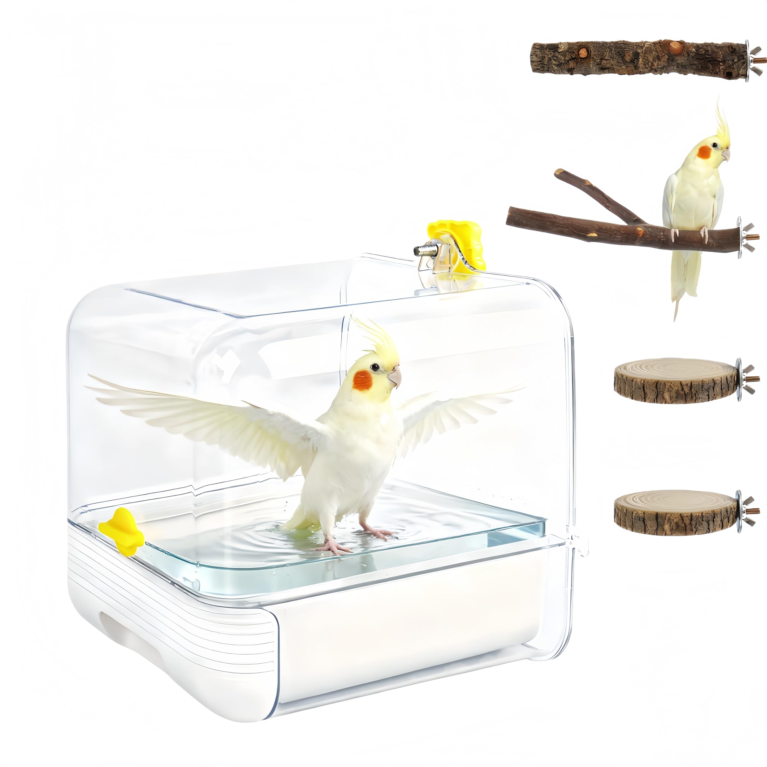 Hanging Bird Bath for Cage, with Wood Perches, Bird Cage Accessories for Small Medium Birds Lovebird, Parakeet, Cockatiel, Essential Bird 7.3" x 7.3" x 8.2" (White)