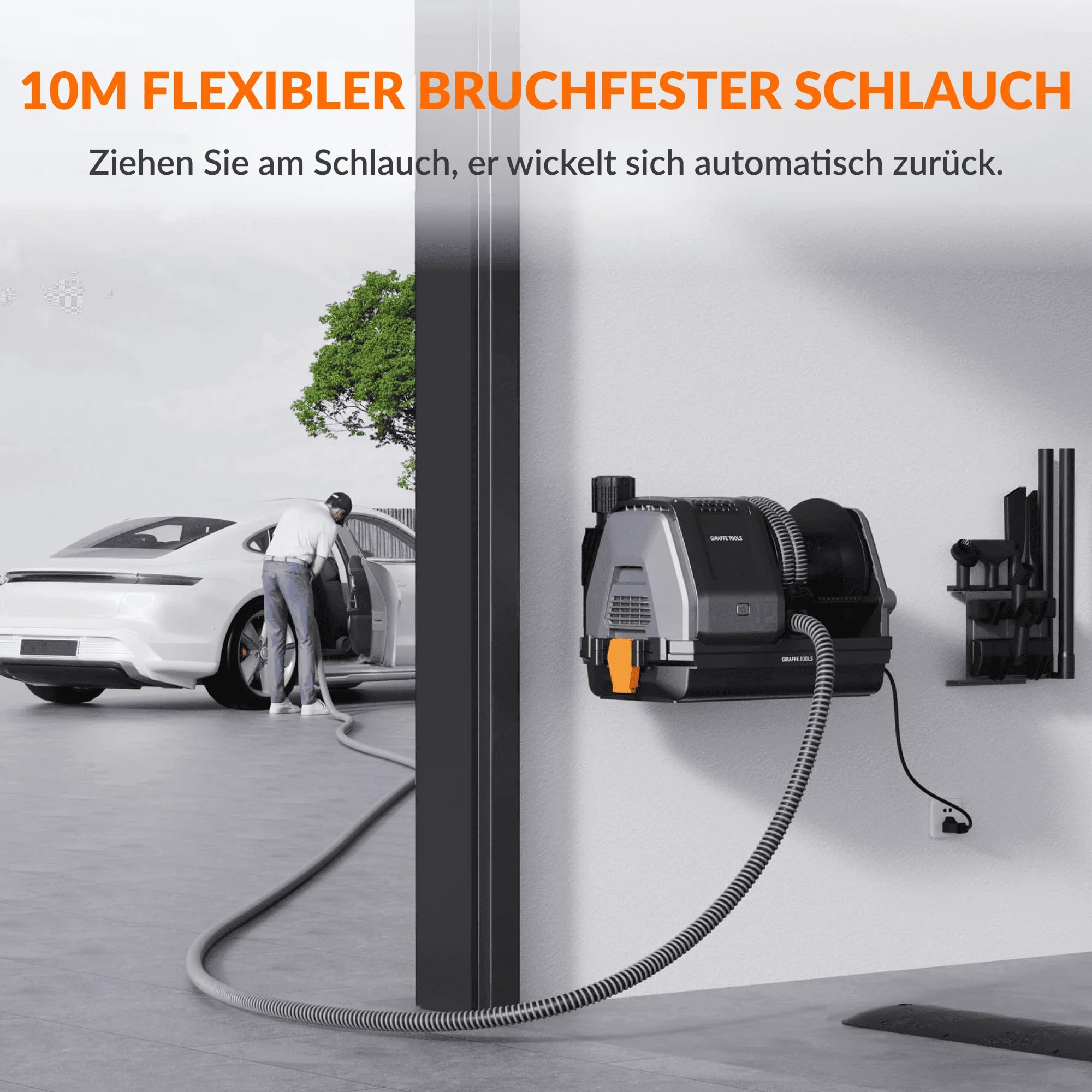 Giraffe Tools Grandstorm Einziehbarer Staubsauger mit 10 m langem, knickfestem Schlauch, wandmontierter Staubsauger mit 6 Düsen für die Garagenreinigung, Fernbedienung, Schwarz