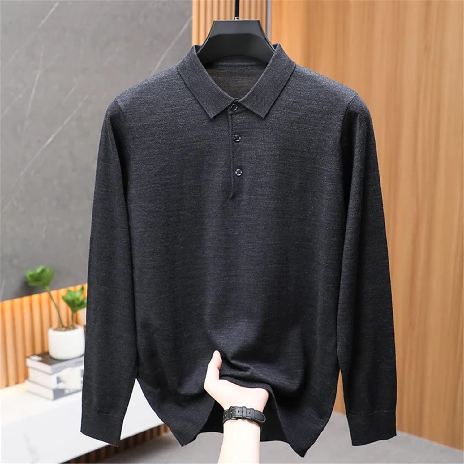 Men 100 Percent Superfine Wool Polos Spring Turn Down Knitwear Long Sleeve Worsted Wool Thin Tops Pullovers