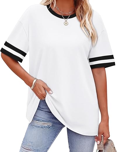 WIHOLL Womens T Shirts Loose Fit Short Sleeve Tees Crew Neck Color Block Summer Tops 2026 Fashion