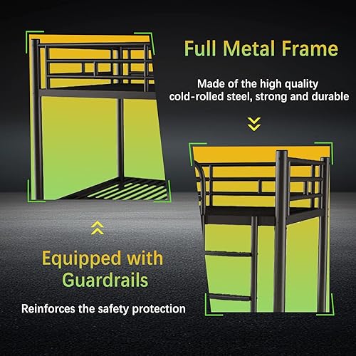 Miniatura 4 de Litera de metal, literas de tamaño matrimonial sobre tamaño matrimonial con escalera ancha extraíble y barandillas de longitud completa, marco de