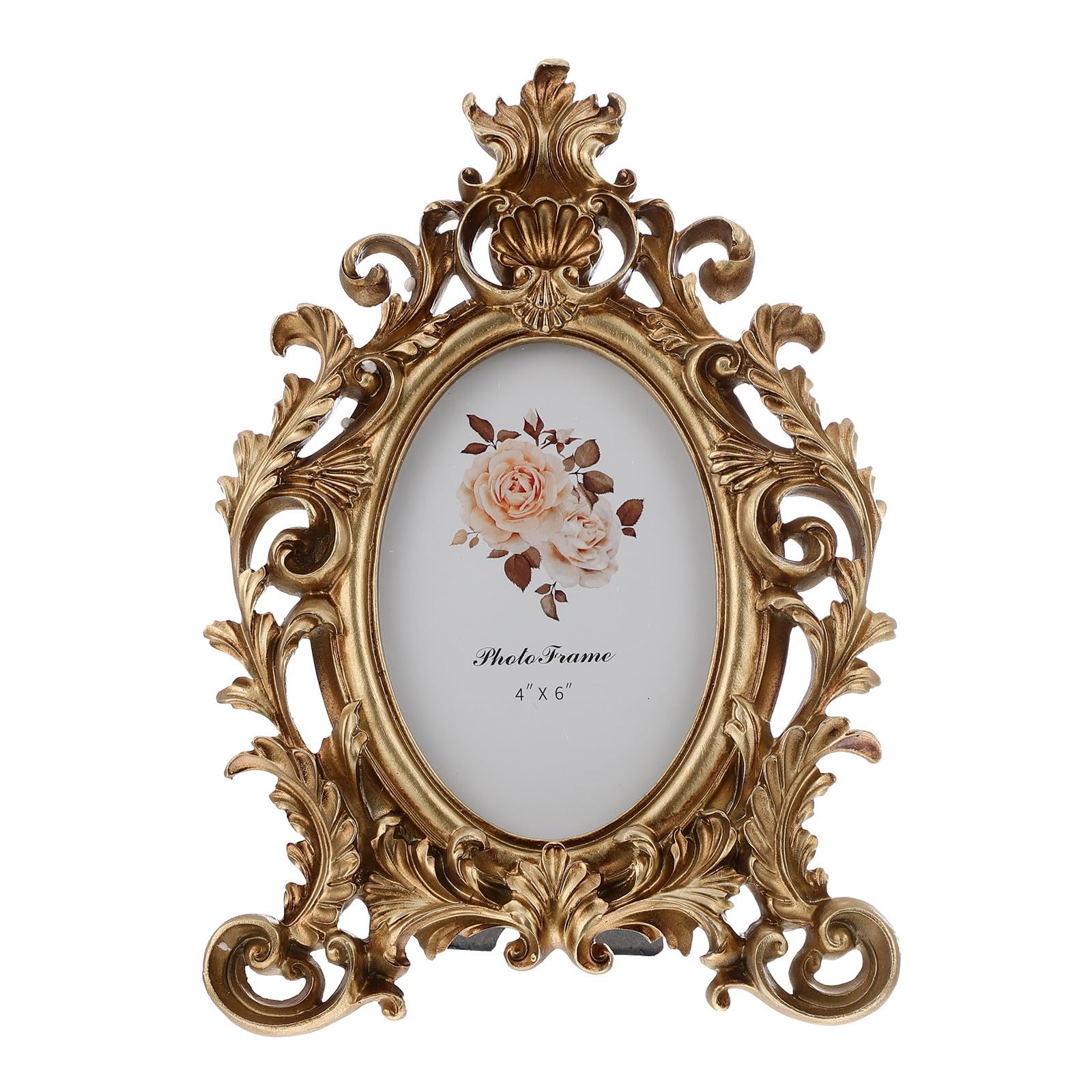 Cadre photo ancien ovale fleurs dorées pour embellir une étagère vide