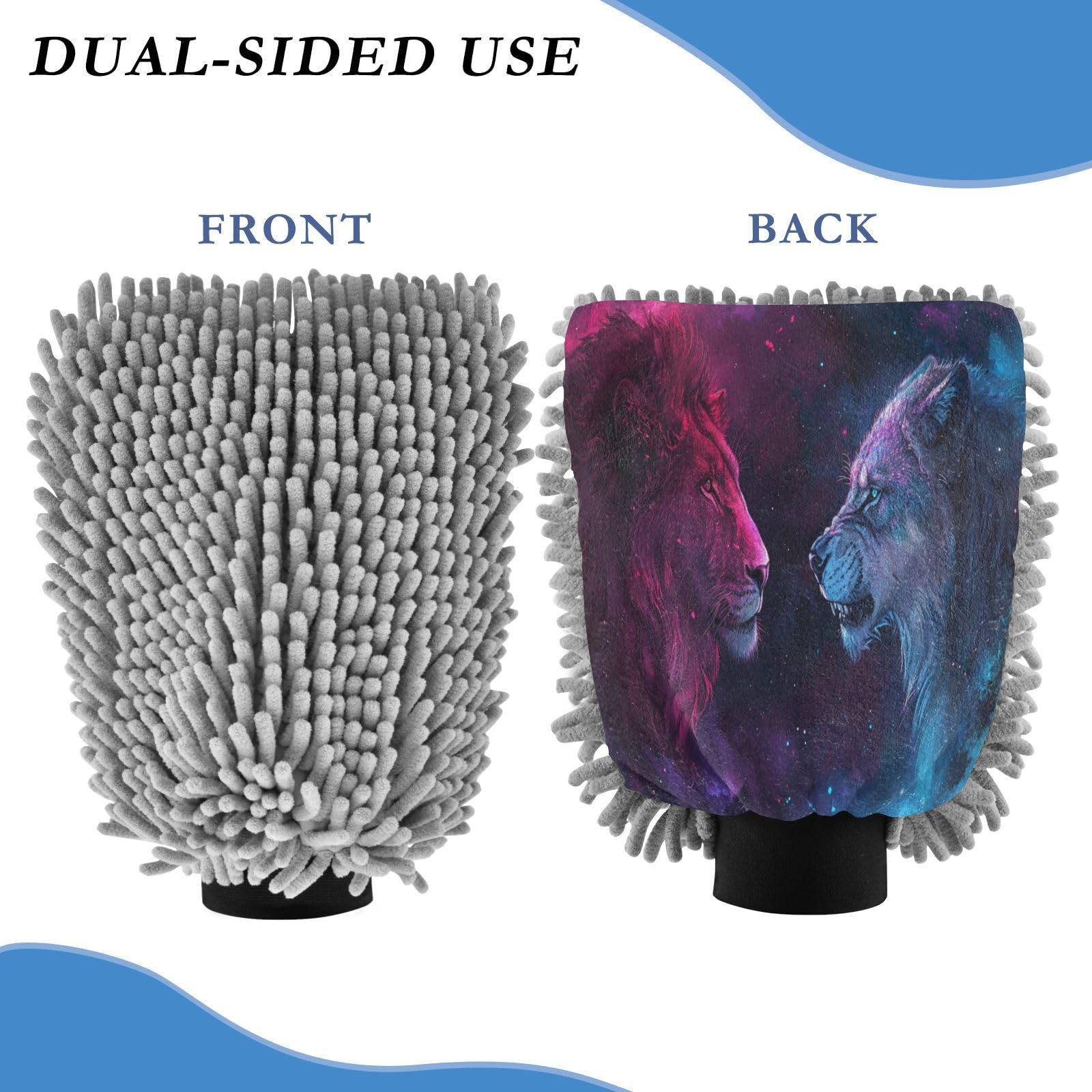 ALAZA Lions Nebula Car Wash Mitt Scratch Free, 2 Pack Absorbent Microfiber/Chenille Washing & Drying Mitts, L
