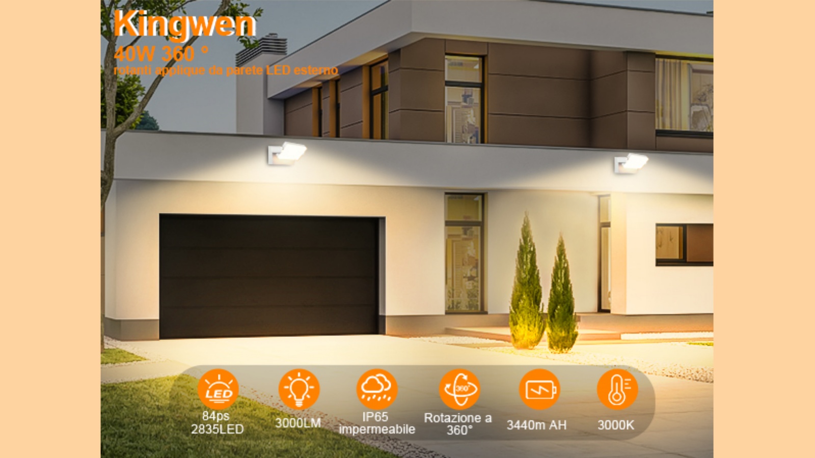 Applique Da Esterno LED Baulund, Design Moderno In Nero E Bianco Con Paralume Orientabile, Perfetta Per Giardino E Terrazza, Luce Calda 3000K, 500 Lumen, IP54