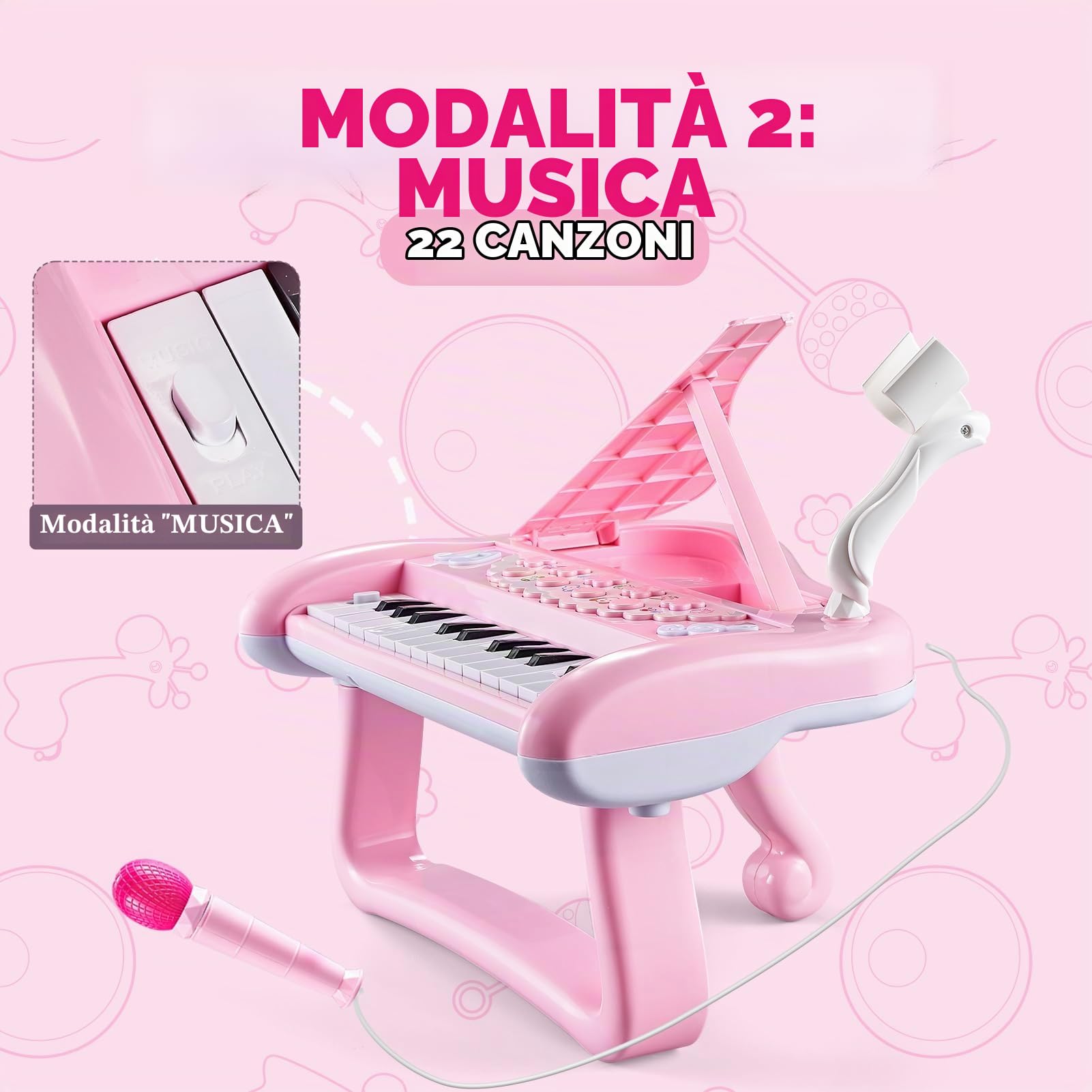Pianola Bambino,Pianoforte con Microfono,Bambini Tastiera Musicale Giochi,Regali per Bambina 1 2 3 Anni