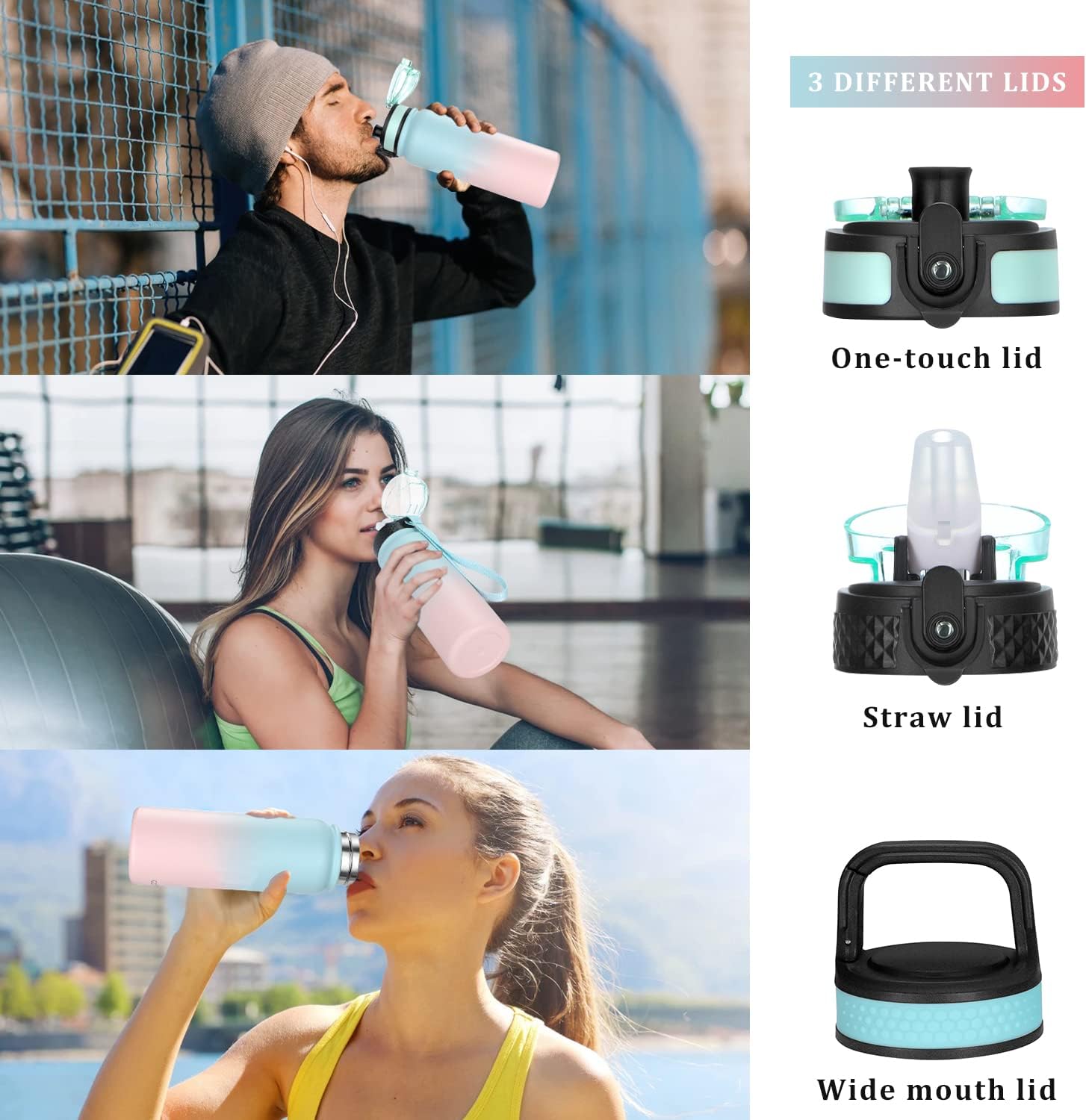 GOPPUS 600ml/20oz Stainless Water Bottle with Straw Double Wall Insulated Bottles with Strap One Hand Open Vacuum Thermal Flask Leakproof Keep Cold Bottles with Flip Top Lid BPA Free (Blue Pink) - Image 3