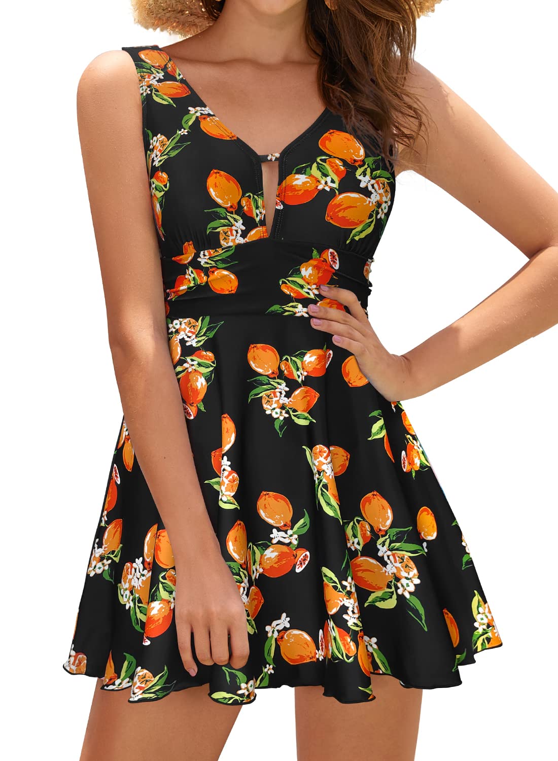 SHEKINI Mujer Bañador con Falda Traje de Baño Retro Cuello de V Acolchado Ruched Control Abdomen Halter Traje de Baño de Una Pieza Tankinni Deportivo