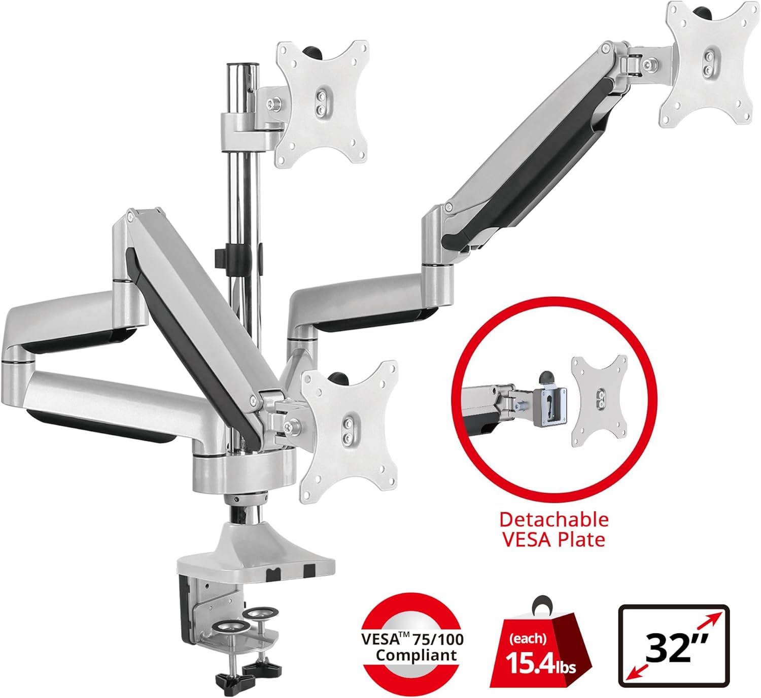 SIIG Triple Monitor Desk Mount-13 to 32",Silver,Premium Gas Spring,for Flat Panel/Curved Monitor,Fully Adjustable, 3 Display(s),Load Bearing 15.4 lbs max Each,VESA 75 x 75, 100 x 100 CE-MT3611-S1