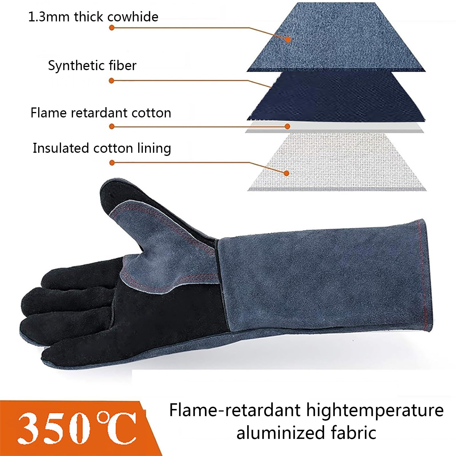 Guanti Da Lavoro in Pelle Bovina Spessa, Guanti Da Saldatura, Guanti Da Griglia ad Alta Temperatura 350℃, Guanti Da Barbecue, Guanti Da Forno - Resistenti All'abrasione, Ammorbidiscono, Ventilano