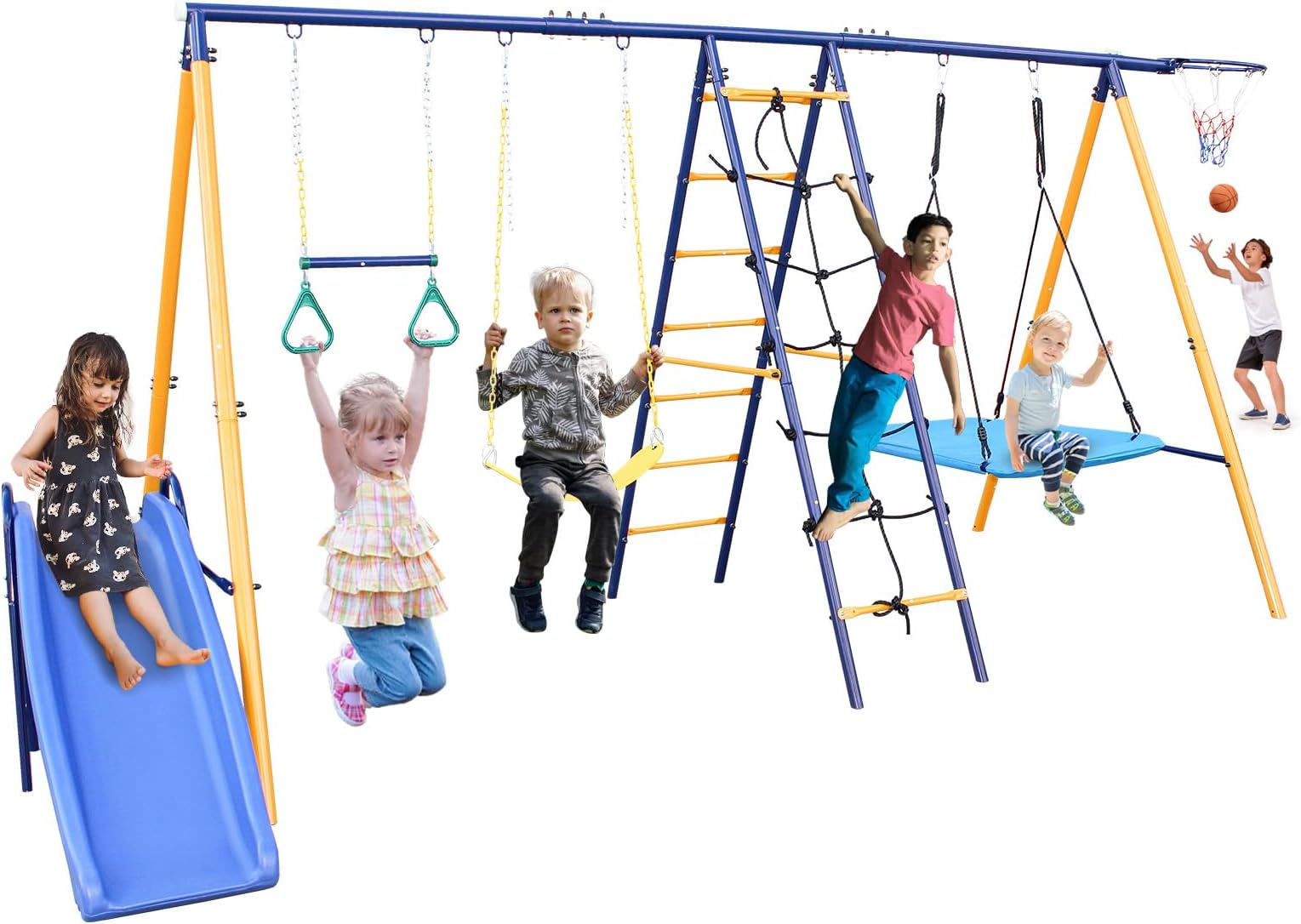 7 in 1 Swing Set for Kids, Outdoor Swing Set for Kids Backyard with Slide, Basketball Hoop, 2 Swings, Climb Net, Climb Ladder & Trapeze Bar, Child Playset for Fun Outdoor Play