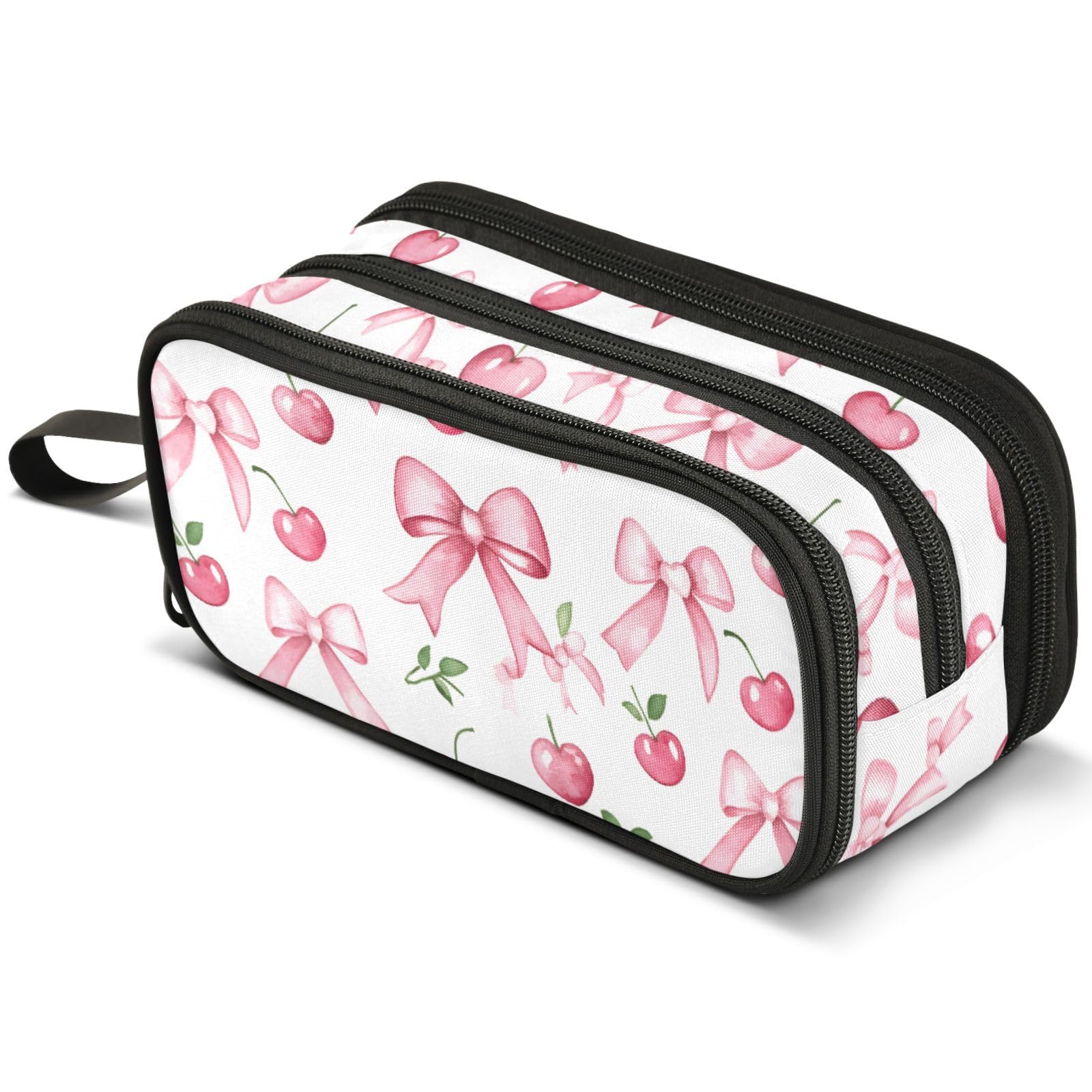 ALAZA Pink Bow Cherry Leaf Pattern Large Pencil Case, Pen Pouch Pencil Bag with 3 Compartments Pen Holder Organizer Stationery Bag