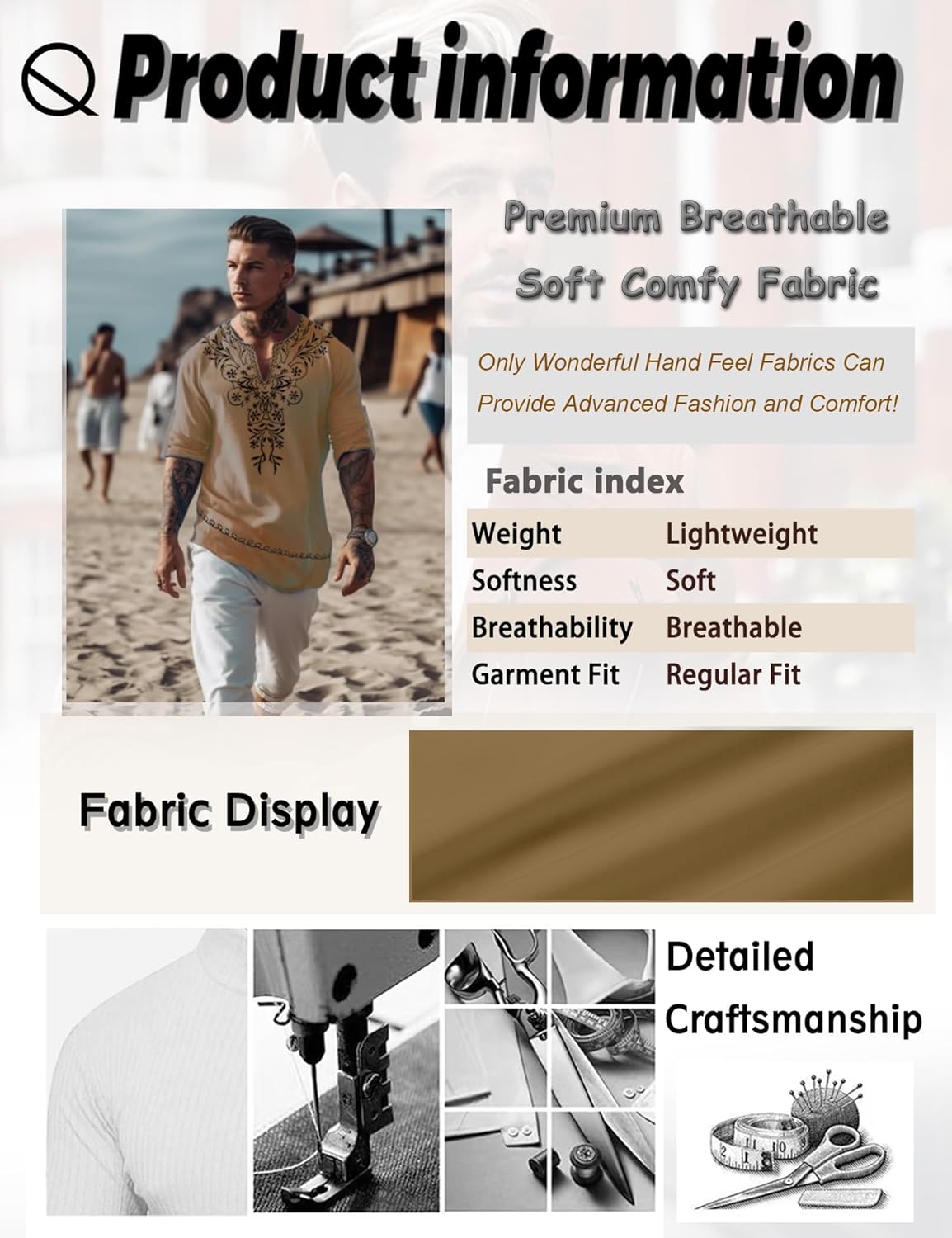 JoZorro Mens Polyester Linen V Neck Henley Shirt Long Sleeve Caftan Handmade Tunic Embroidered Casual Beach T Shirts - Image 5