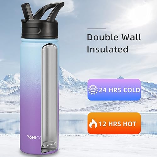 Miniatura 2 de Botella de agua aislada con pajilla, termo de acero inoxidable de 22 onzas, vaso térmico de doble pared con 3 tapas a prueba de fugas, botella de