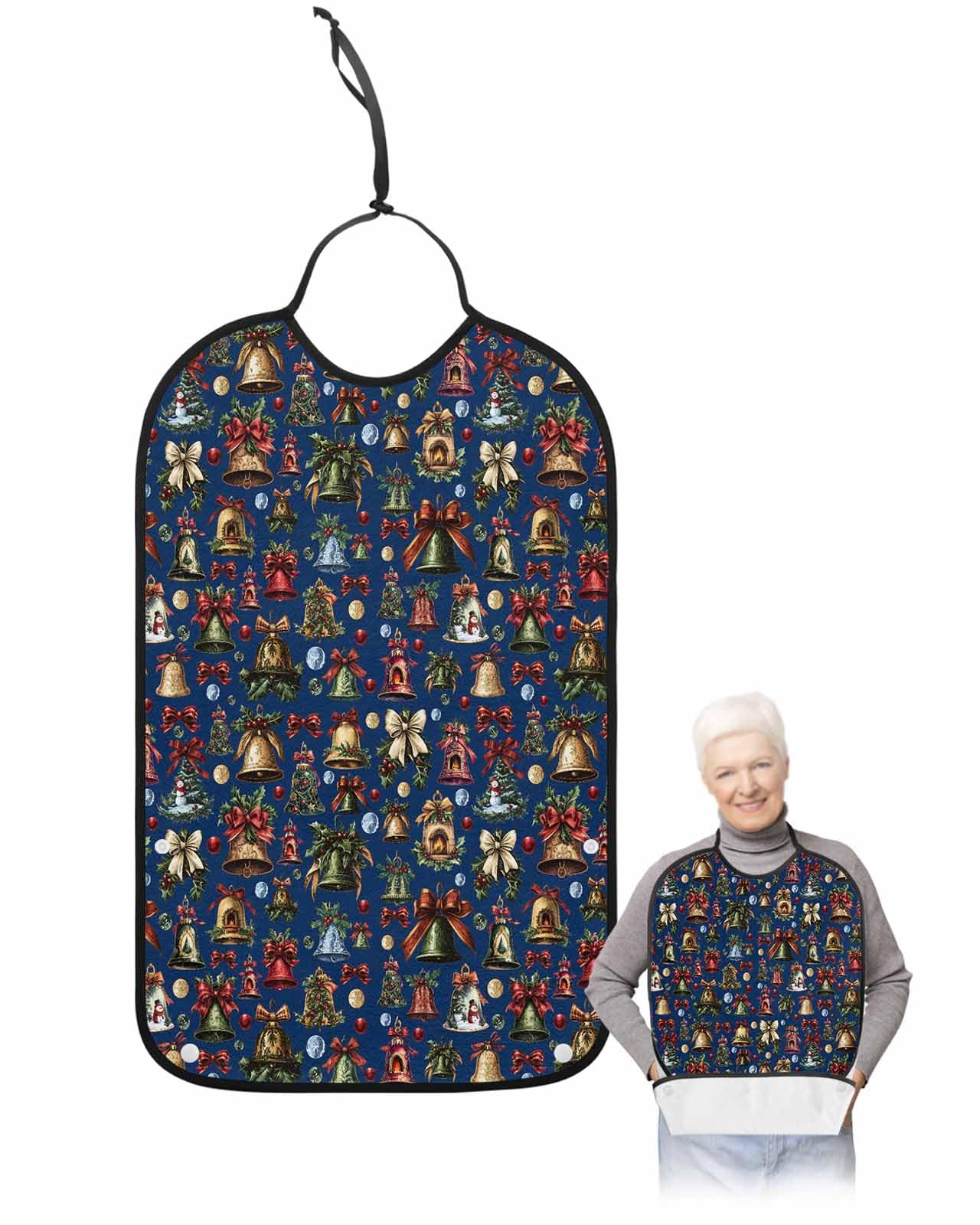 Christmas Adult Bibs for Eating, Various Christmas Ornaments Bows Bells Navy Blue Washable Elderly Adult Bibs for Men Women Large Reusable Adjustable Clothing Protector with Optional Crumb Catcher