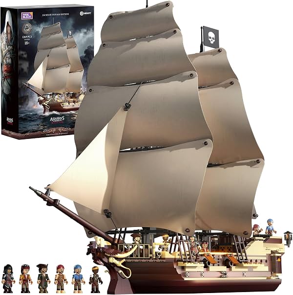 Set de construcción del barco pirata Jackdaw de Assassin's Creed Black Flag de Wise Block | 1269 piezas Edición Viaje Kit de modelo de barco grande HA395105, Regalo para adultos 18+ coleccionistas entusiastas, 6 minifiguras decorativas
