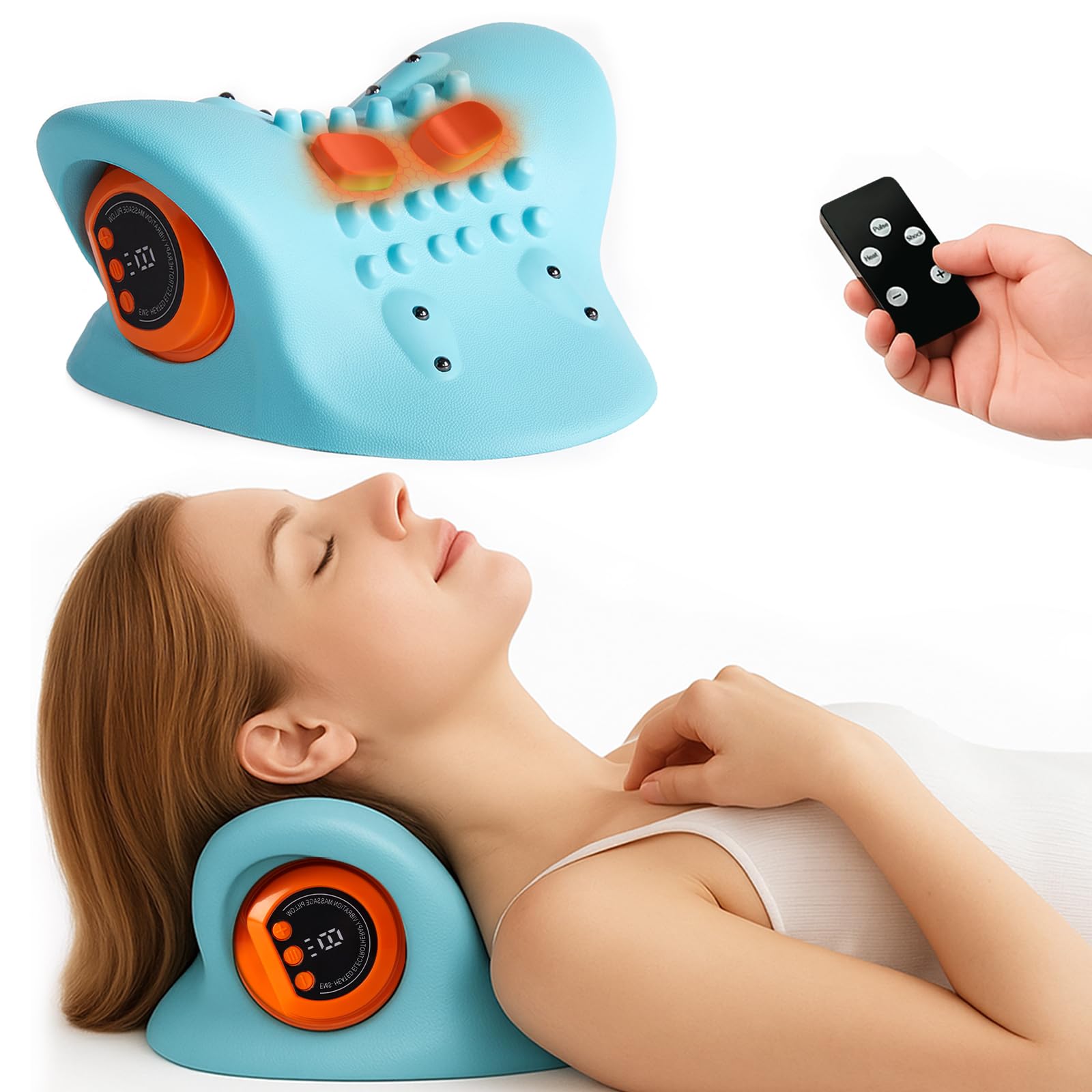 Neck Massager 2025, Neck Massager Pillow with Heat for Pain Relief, Boost Circulation,and Restore Natural Alignment, 3-in-1 Cervical Traction Device Hump Corrector,for Home Use,9 Modes (Blue)