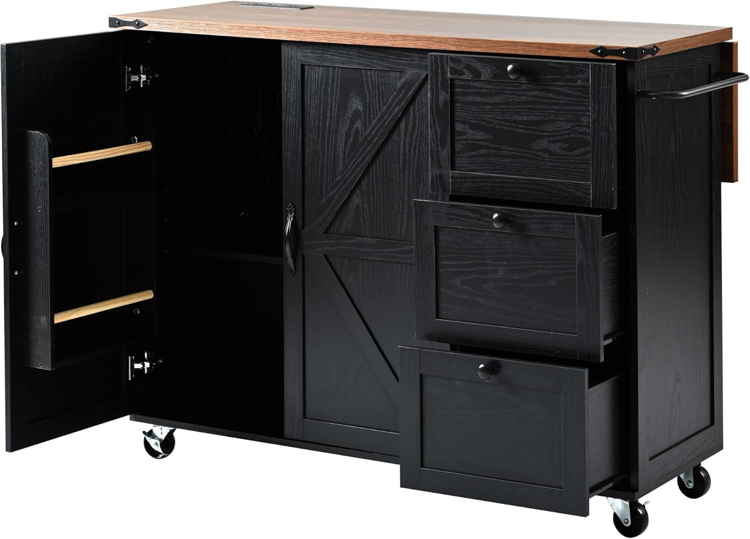 Bellemave 54.5" Farmhouse Kitchen Island cart with Charging Station, Rolling Kitchen Island Table with Drop-Leaf, 3 Drawers, Large, Black