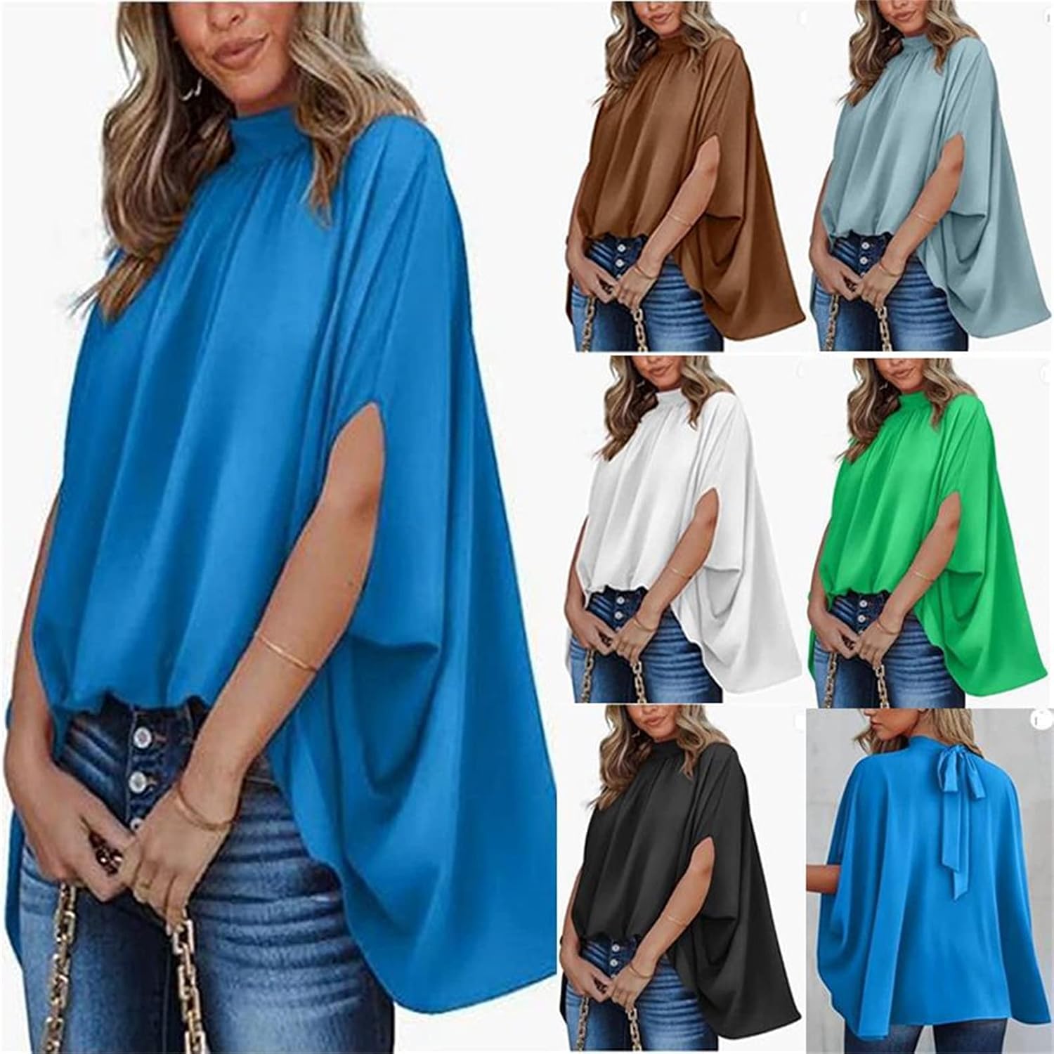 Andongnywell Women's Summer Oversize Blouses Mock Neck Pleated Batwing Sleeve Drape Tunic Dressy Cape Shirt Tops