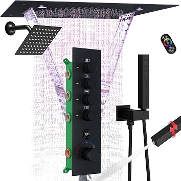 Dual Rain Shower Head System Digital Thermostatic Shower Faucet Set, 2-In-1 Waterfall Rainfall 20Inch Led Showerhead with 6Inch Tilt Shower and Dual Mode Hand Spray, Matte Black