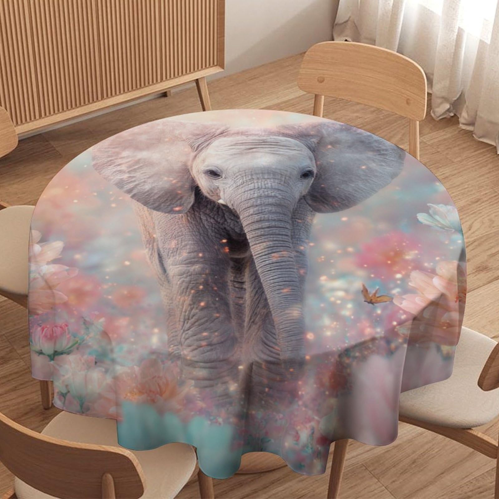 LUYYSKY Fantasy Cute Baby Elephant Waterproof Round Tablecloth Colorful Watercolor Garden African Animal Elephant Floral Washable Table Cover for Kitchen-127 Wx127 L cm