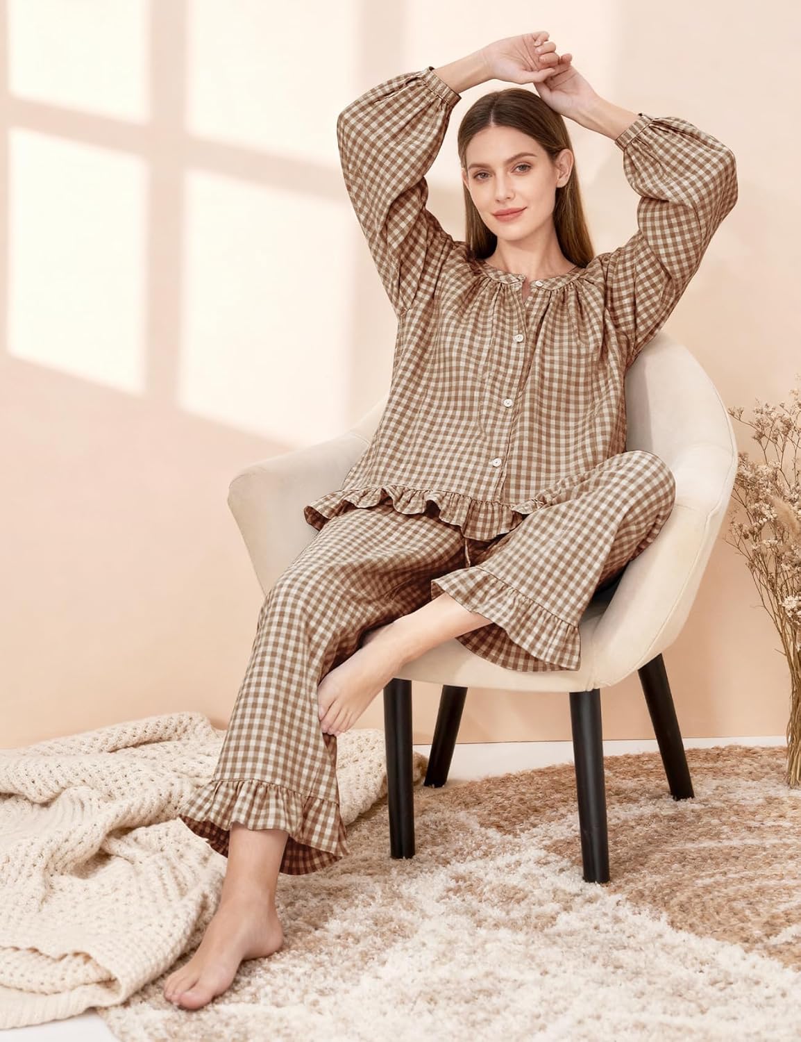 PEHMEA Women's Gingham Cotton Pajama Set Cute 2 Piece Plaid Ruffle PJs with Long Pants Button Down Top for Lounge Sleepwear - Image 3