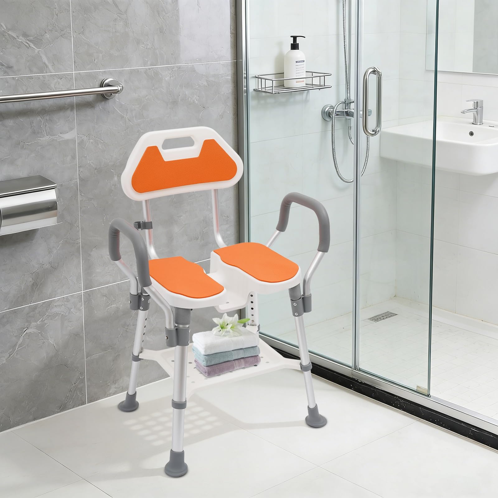 Silla de ducha para personas mayores con respaldo y cuello en U, taburete de ducha regulable en altura con reposabrazos, soporta hasta 150 kg, silla de ducha estable para embarazadas