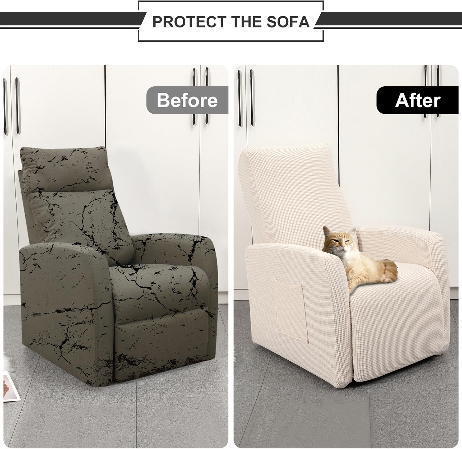 SearchI Recliner Chair Cover Jacquard Chair Covers 4 Piece, Small Recliner Sofa Slipcover for Home Theater Seating with Elastic Bottom, Recliner Protector with Pocket for Recliners, Beige