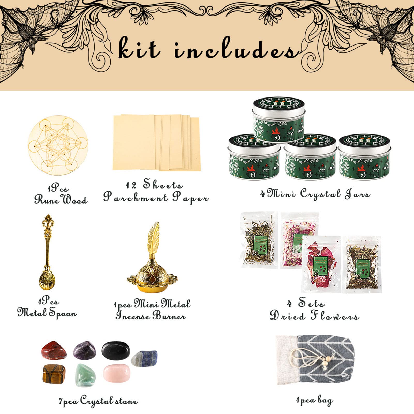 NOBRIM Kit di Stregoneria per la guarigione dei Cristalli Cristalli Candele alla Vaniglia essiccate Strega per Principianti Streghe esperte Incantesimi Pagani Forniture per Stregoneria