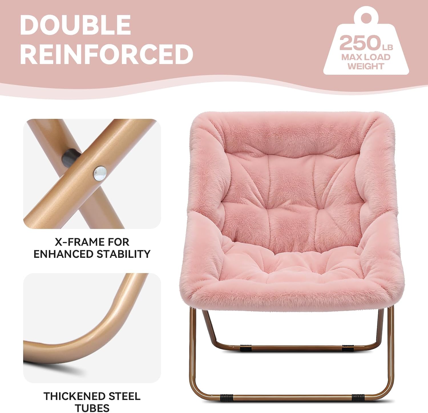 Magshion Folding Saucer Chair for Adults Comfy Lounge Reading Seat Accent Chair Faux Fur Lazy Seating with Thick Padded Metal Frame for Bedroom Living Room Small Space (Pink)