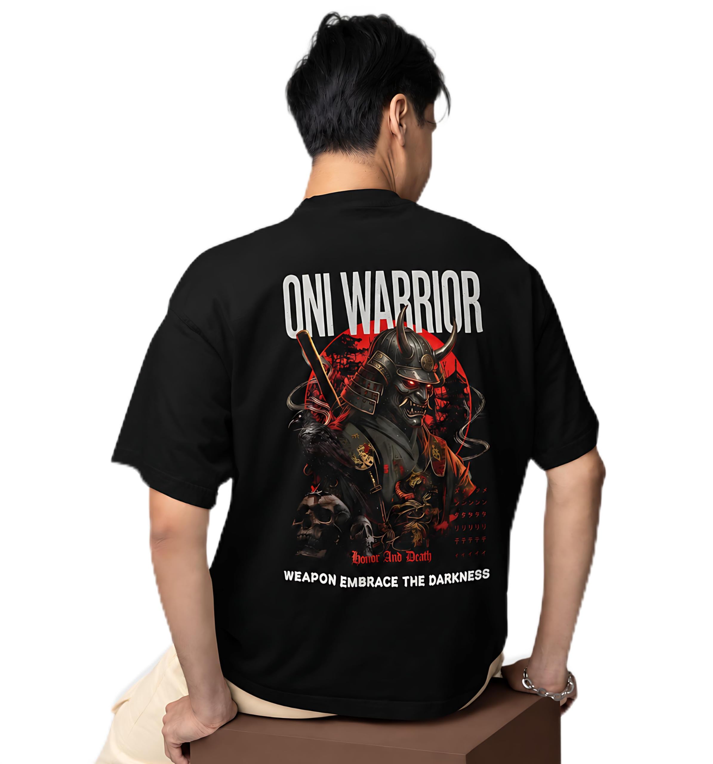 Samurai Warrior Anime Graphic Oversized T-Shirt 180 GSM Cotton Blend Drop Shoulder Black-picture-13