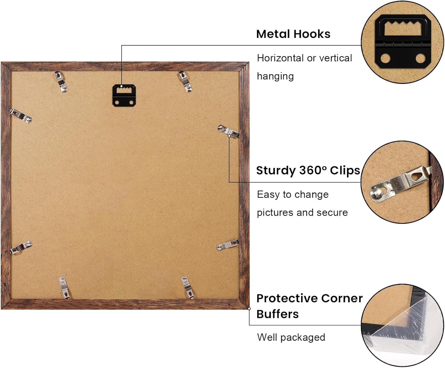 12x12 Picture Frame Set of 9, Photo Gallery Wall Frame Set, Display Pictures 8x8 with Mat or 12 x 12 Without Mat, Square Frame Picture Frames Collage Wall Decor, Rustic Brown