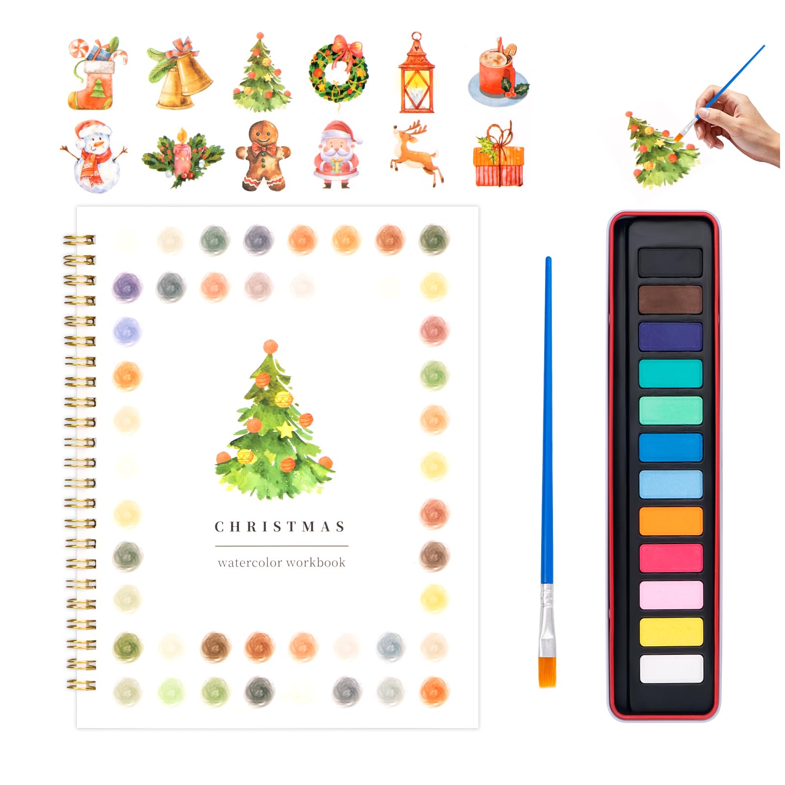 Watercolor Workbook for Adults, Beginner Friendly Watercolor Painting Kit Christmas Water Coloring Book, Nature-Themed Practice Art Gift Water Color Paint Book with Palette and Brush