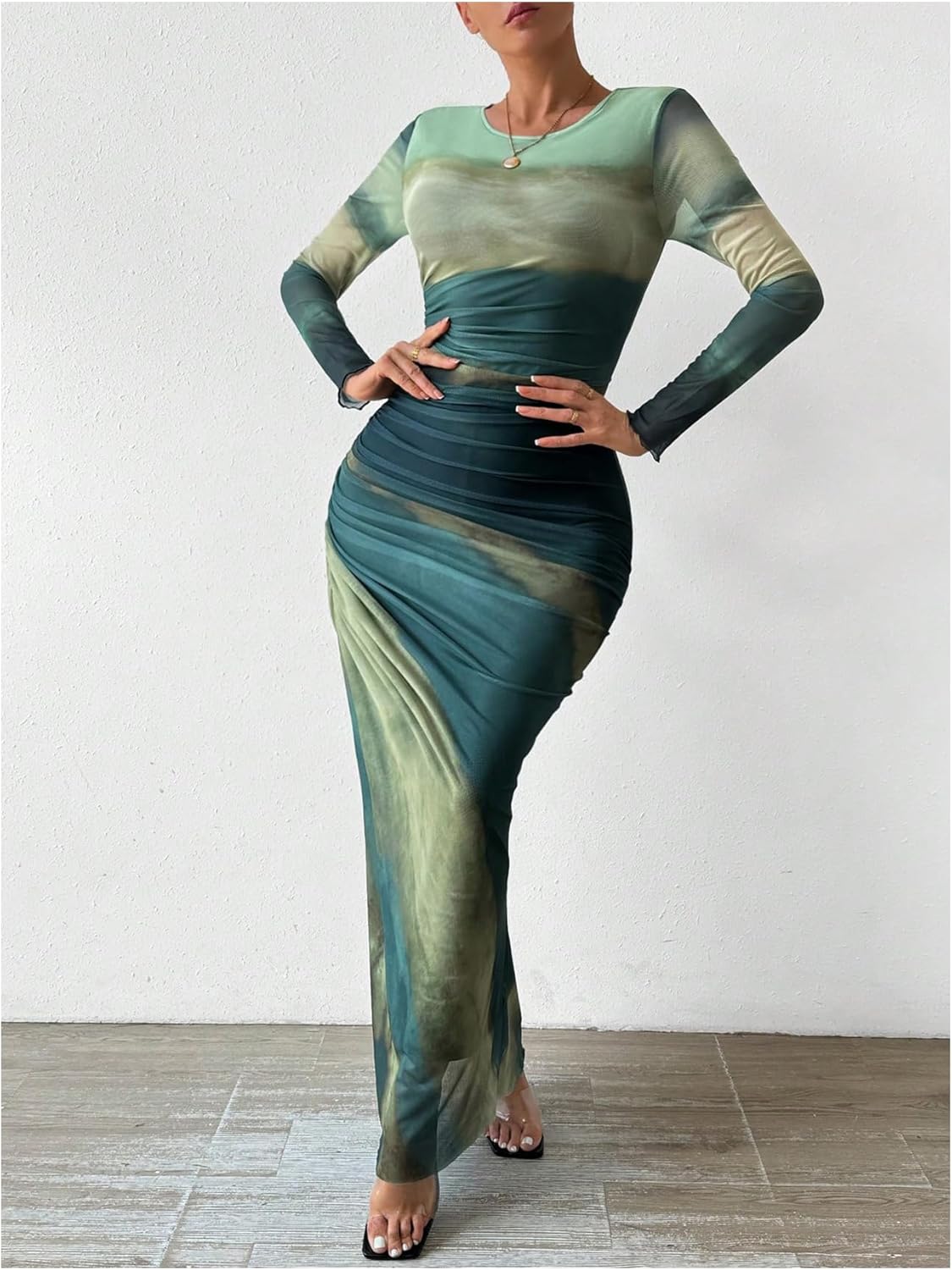 Milumia Women's Ruched Sheer Mesh Long Sleeve Dress Bodycon Long Maxi Dresses - Image 4