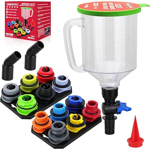 18-Piece Engine Oil Funnel Set, 1.59QT/1.5L Automotive Oil Funnel Kit with 12 Adapters, Elbow Fitting, Arrow Screen and Magnetic Storage Hooks Tray, Compatible with GM, Ford, BMW, Audi, Land Rover Etc