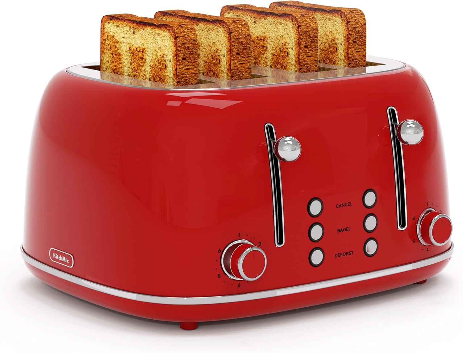 Toaster 4 Slice, Retro Stainless Toaster with 6 Bread Shade Settings,1.5''Wide Slots Toaster with Cancel/Defrost/Reheat Functions,Dual Independent Control Panel, Removal Crumb Tray (Red)