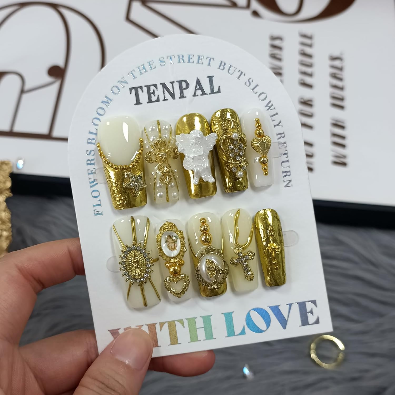 Baroque Press on Nails Long Coffin 3D Embossed Pearl Cross Charm Luxury False Nails for Women Gold Glam Royal Cathedral Style Glue on Nails for Parties Holiday Events(L)
