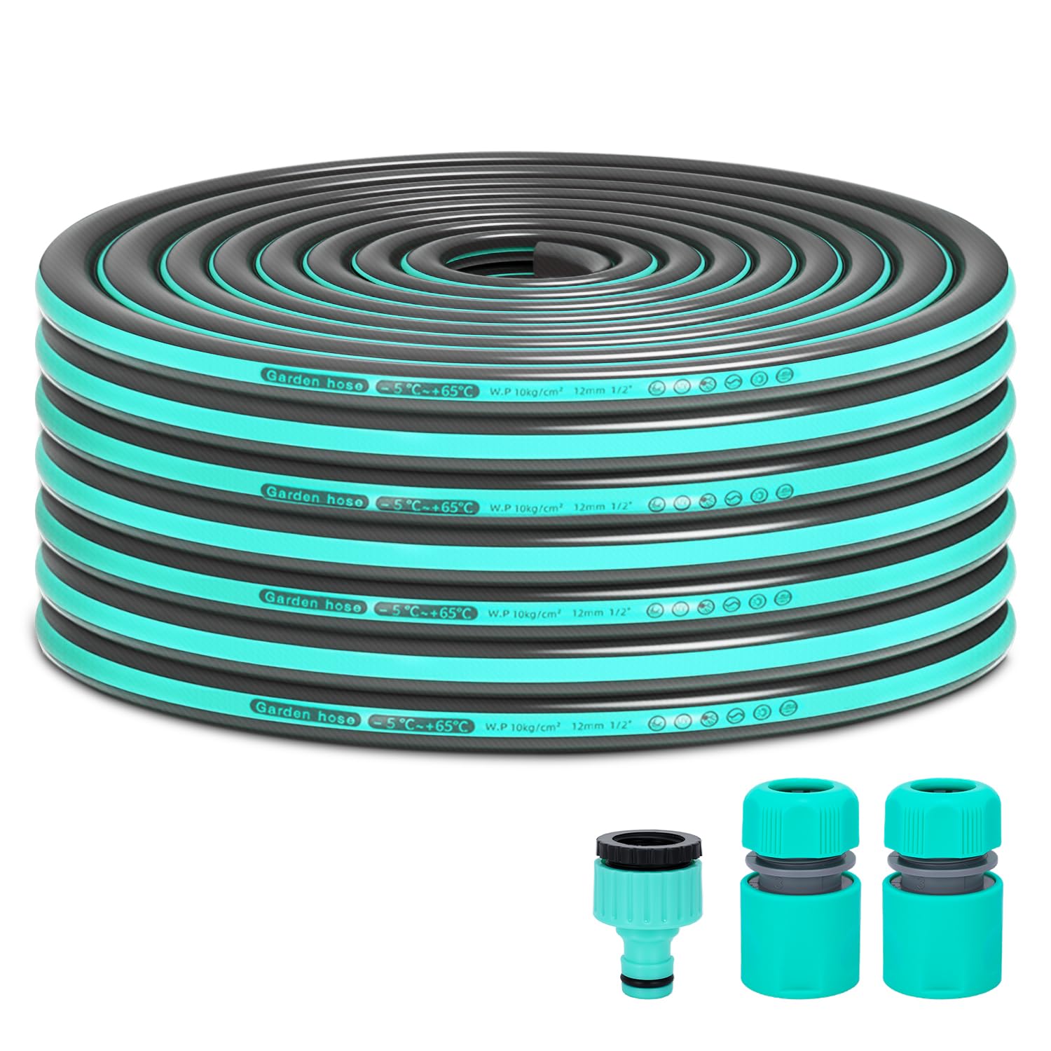 Garden Hose Connector Kit, Heavy Duty Hose, Reinforced Frosted Kink Resistant Outer Hose to Connect to Hose Trolley and Garden Hose Spray Gun (Lake Blue 20m)