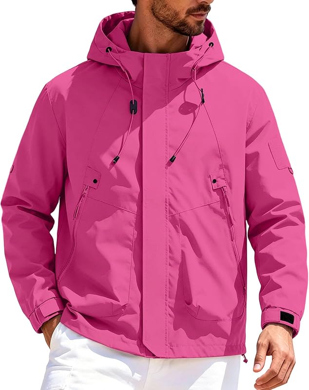 Lmdudan Men's Outdoor Hooded Jacket Long Sleeve Zip Up Drawstring Hoodies Outdoor Hiking Windbreaker Raincoat with Pockets