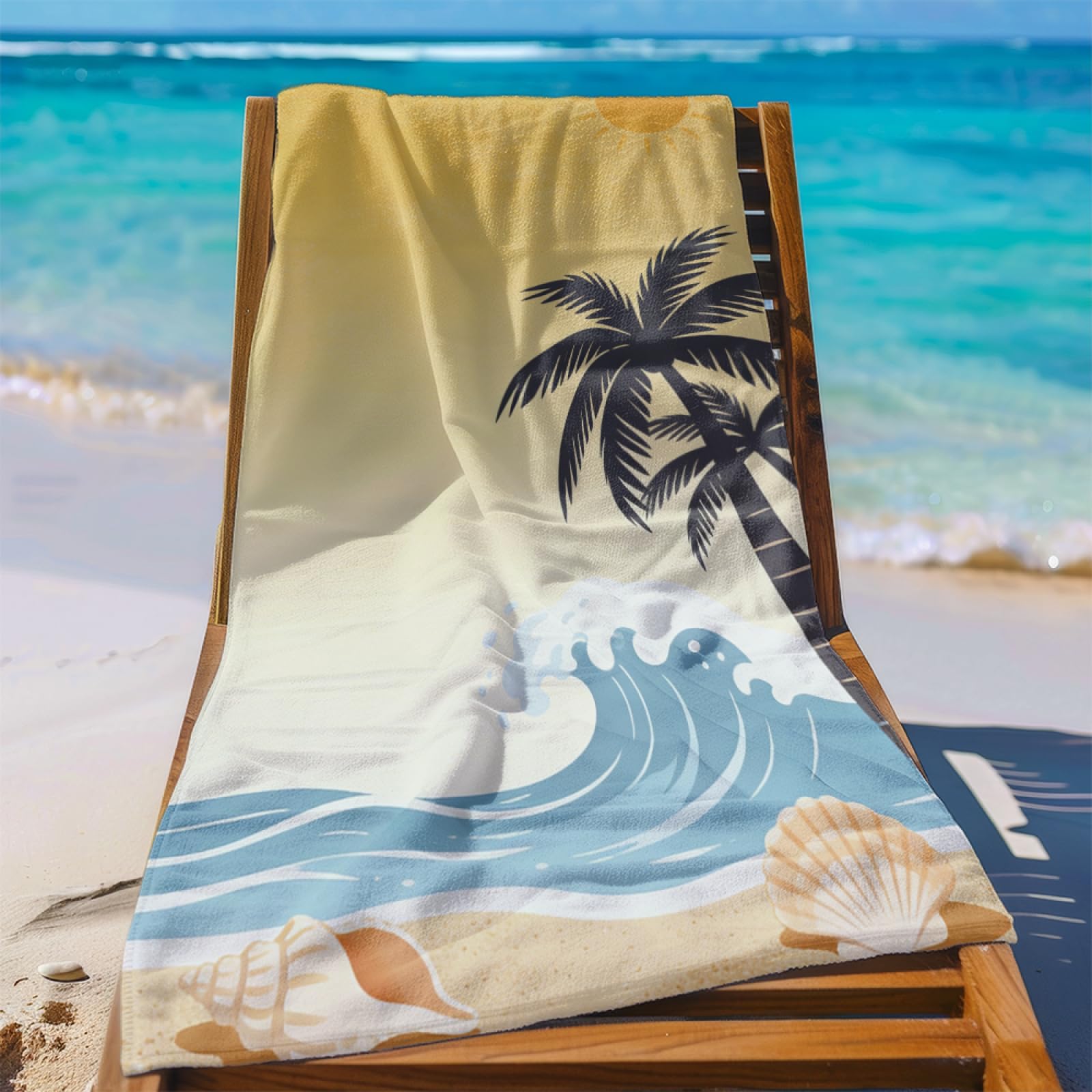 Fouta PlageJaune Ciel Soleil Arbre De Coco Modèle Surdimensionné avec Diverses Tailles, Respirante et Portable, Parfaite pour Voyages Sorties Piscine et Usage Extérieur Quotidien 90x160 cm