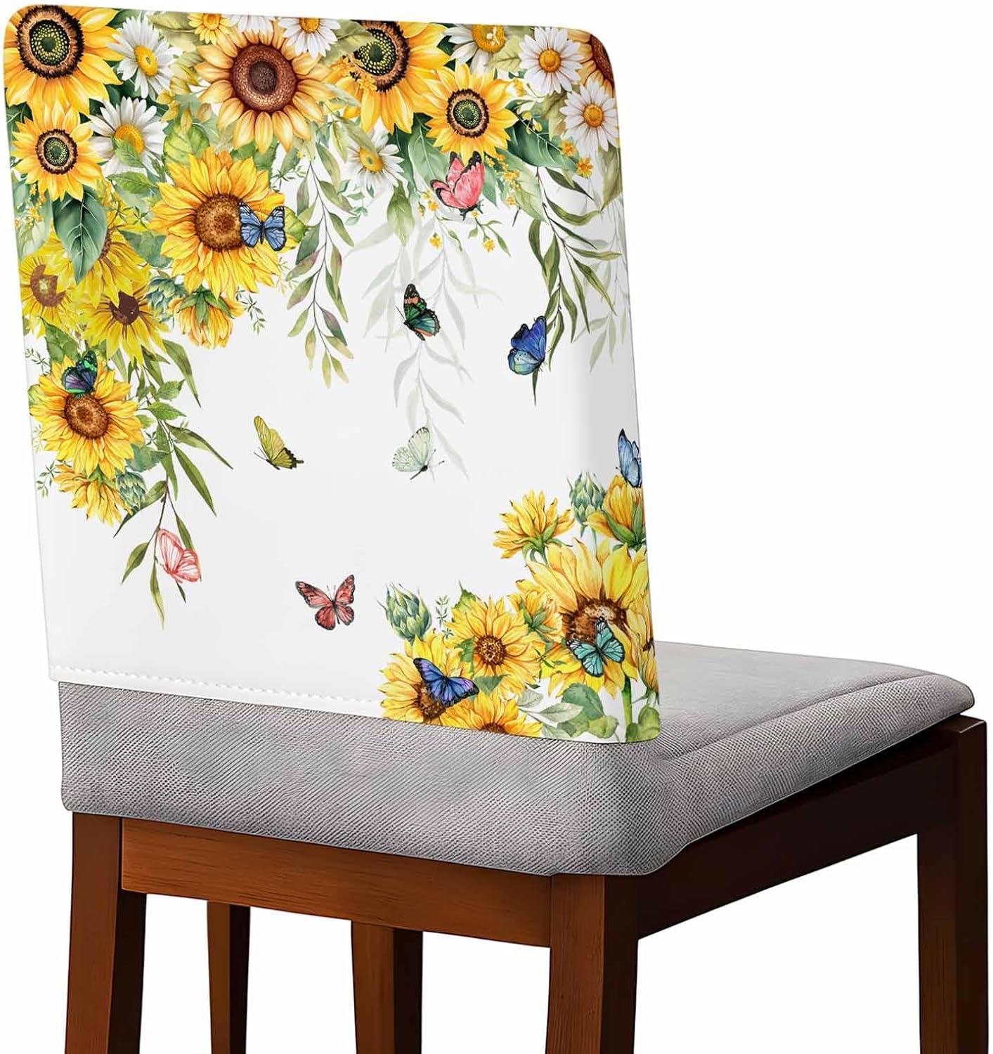 Savannan Dining Chair Back Covers Set of 4, Spring Blossom Sunflower Daisy Burlap Linen Chair Protective Slipcovers for Holiday Festival Party Decoration, Summer Garden Flower Butterfly