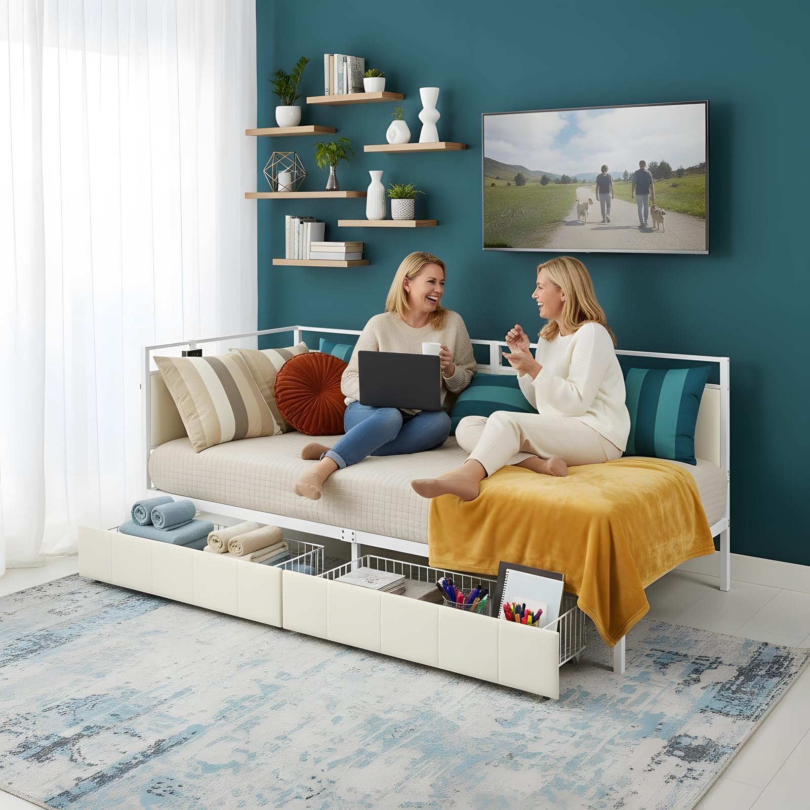 Letto Singolo Angolare con LED RGB, 2 Cassetti, Stazione Ricarica USB/Type C, Struttura Robusta in Metallo, Divano Letto con Doghe 90x200 cm, Salvaspazio per Camera Letto/Ospiti, Beige