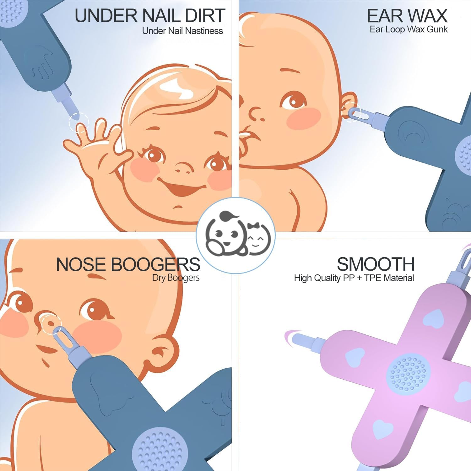 Royal Angels 4-in-1 Nose, Nail & Ear Wax Picker, Safely Clean Baby Ear Wax, Baby Booger & Nail Tips (2 Pcs in Box) (Blue Pink)