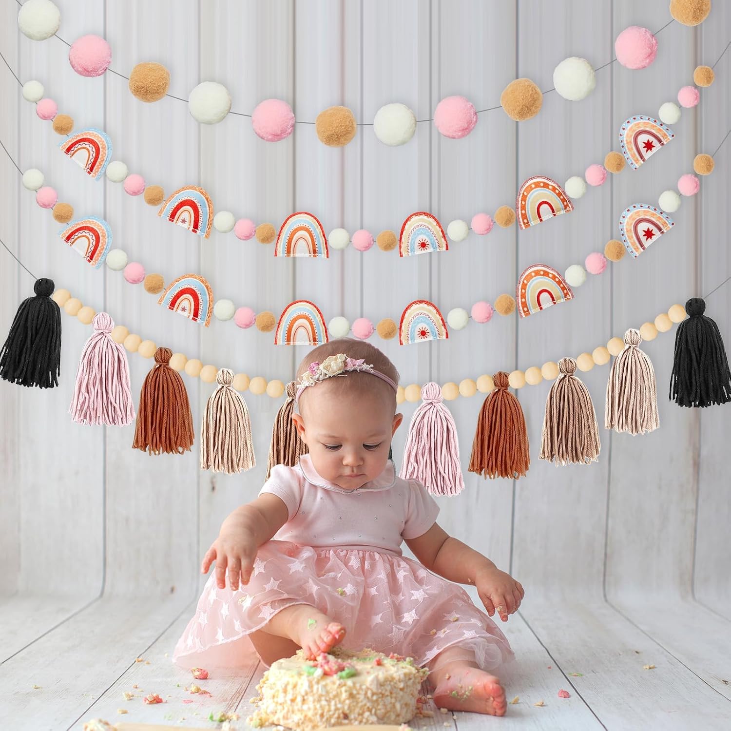 4 Pcs Boho Felt Banner Classroom Tassel Garland Felt Rainbow Decoration Colorful Pom Pom Garland Wall Hanging Decor for Back to School Supplies First Day Of School Nursery Bedroom Birthday Party(Boho)