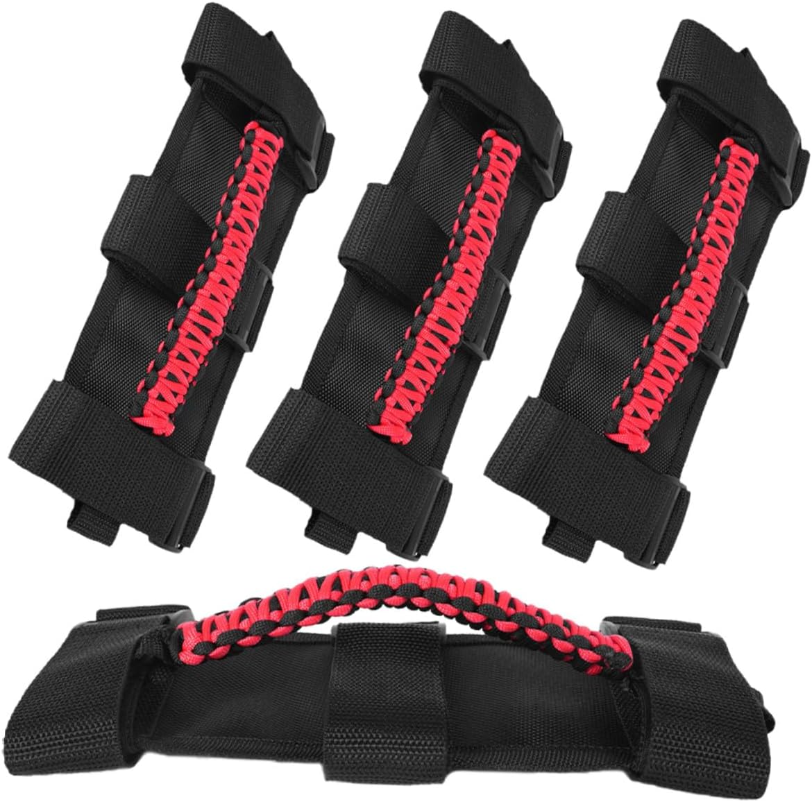 4pcs Black and Red Paracord Grab Handles for Vehicle Roll Bar, Automotive Car Roof Hand Straps Compatible with Off-Road SUV, Universal Car Handle Assist for Passenger Safety