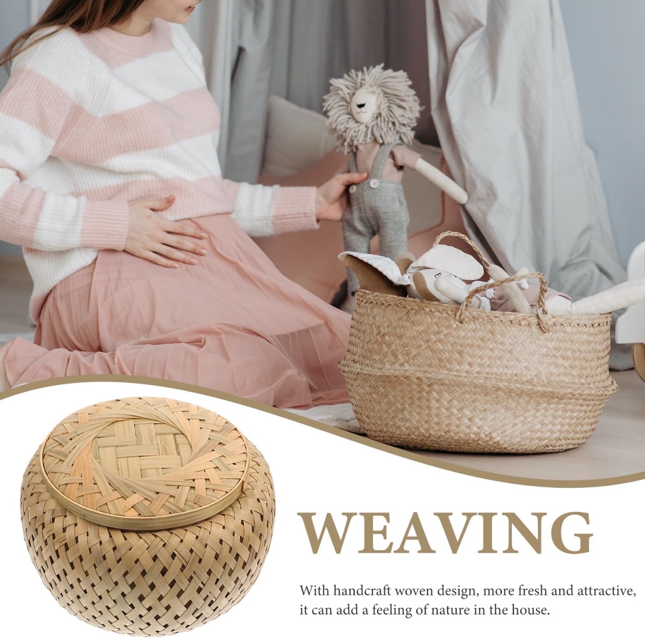 KICHOUSE 1Pc Round Rattan Fruit Baskets Woven Storage Box Multi-Purpose Wicker Tray for Bread Fruit Vegetable Picnic Farmhouse Kitchen Tabletop Storage Basket